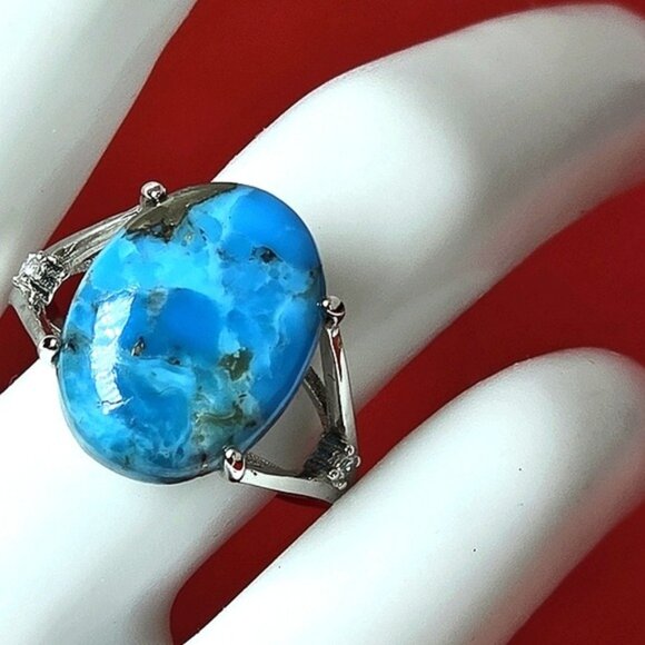 925 Sterling Silver Ring SZ 7 with Natural 12x15mm Turquoise Gemstone & CZ - Picture 8 of 12